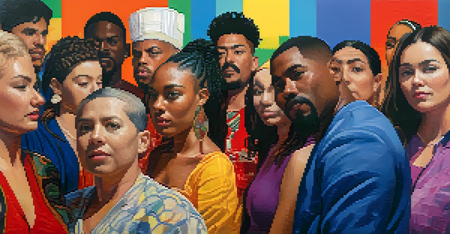 A colorful modern portrait featuring a diverse group of individuals expressing various emotions against an abstract background.