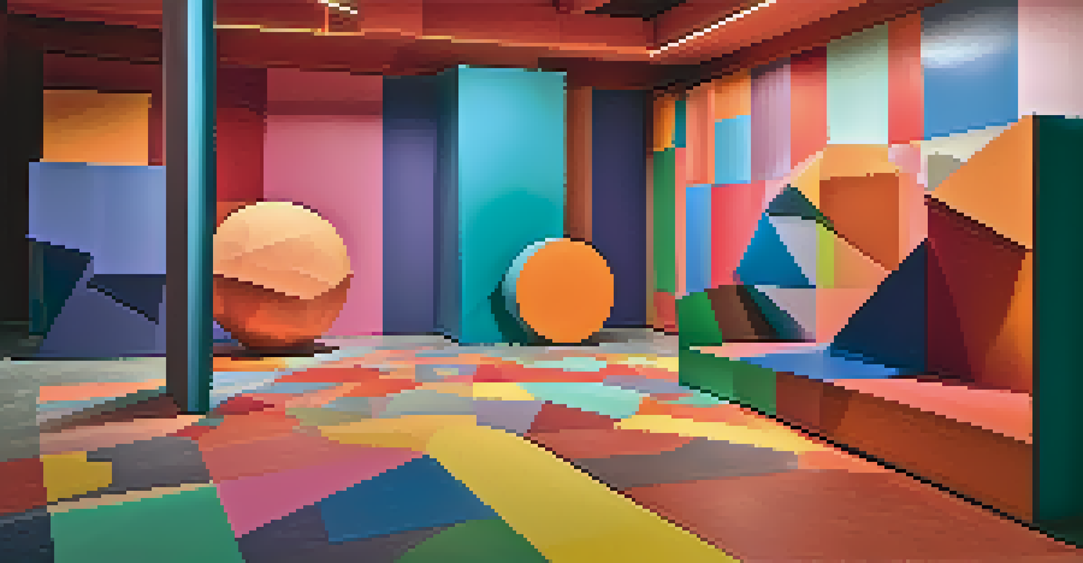 An interactive art installation with oversized geometric shapes in vibrant colors, dynamic lighting creating playful shadows, and a whimsical atmosphere.