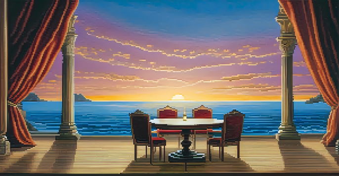 A theater stage with a sunset backdrop over an ocean, featuring a rustic wooden table and elegant chairs, illuminated by warm lighting.