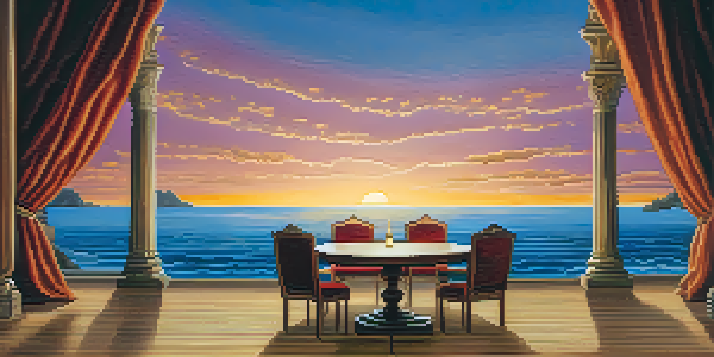 A theater stage with a sunset backdrop over an ocean, featuring a rustic wooden table and elegant chairs, illuminated by warm lighting.