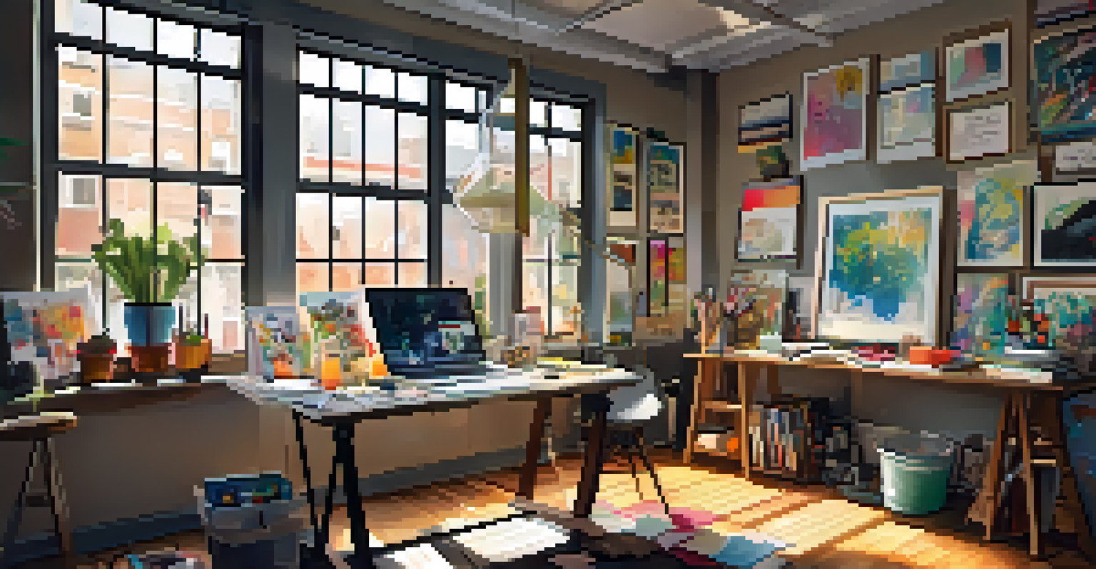 A modern artist's workspace with a bright window, a cluttered table of art supplies, and framed artworks on the walls.