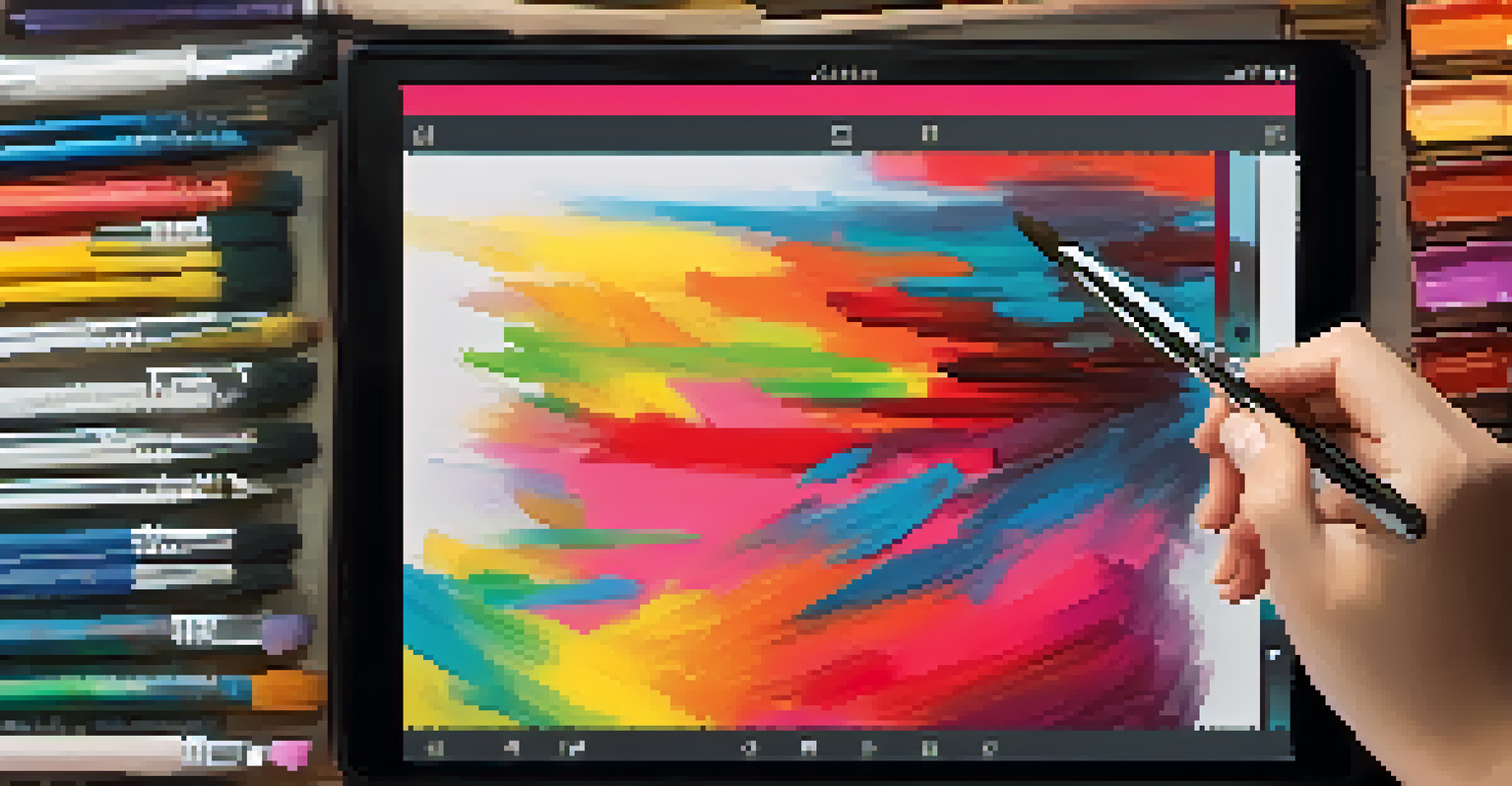 A close-up view of a digital tablet with colorful artwork in progress, showing brush strokes and a hand holding a stylus.