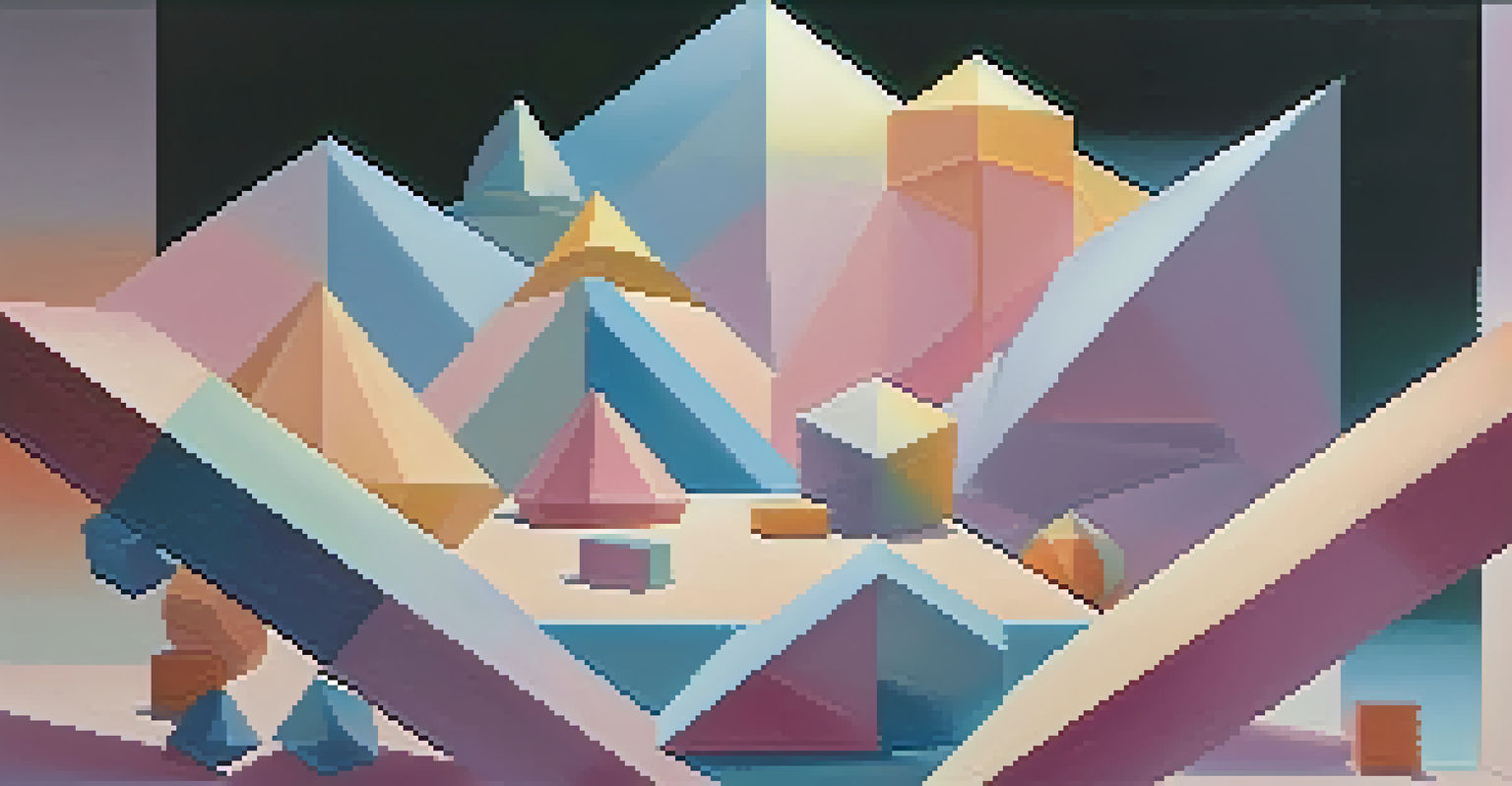 A 3D geometric design with colorful cubes and pyramids arranged dynamically, featuring soft gradients and dramatic lighting.