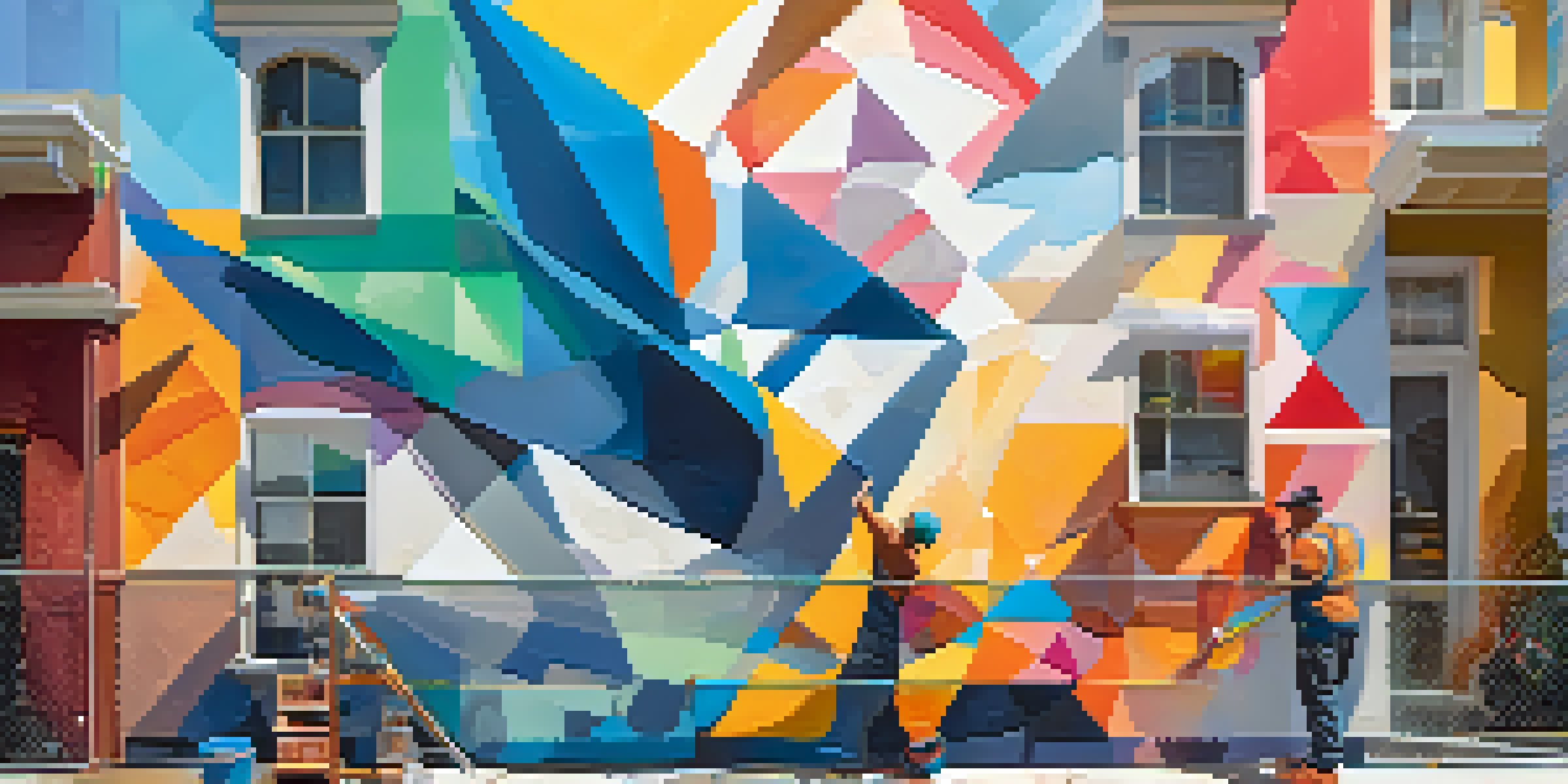 An artist creating a colorful mural on a wall in an urban environment, showcasing brushwork and vibrant paint splashes.
