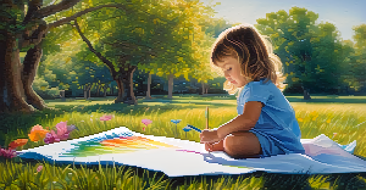 A child drawing with pastels on grass, surrounded by colorful nature-themed artwork.