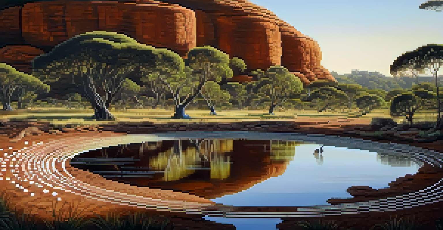 A tranquil landscape featuring a traditional Aboriginal gathering place with symbolic dot paintings, waterholes, and lush vegetation under warm afternoon sunlight.