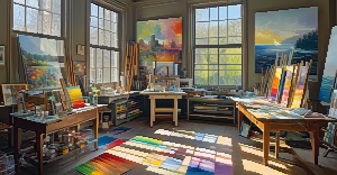 A bright and colorful artist's studio filled with palettes and brushes, with large windows letting in sunlight and framed paintings on the walls.