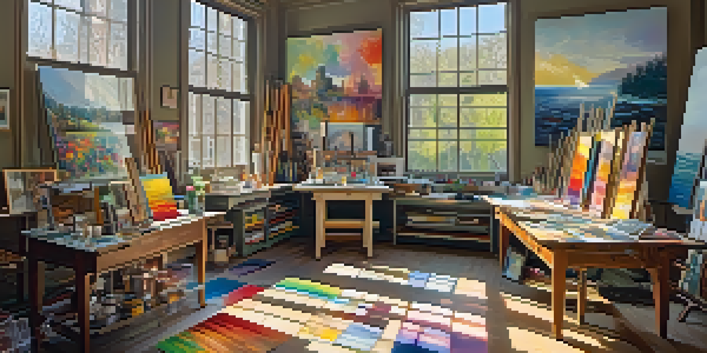 A bright and colorful artist's studio filled with palettes and brushes, with large windows letting in sunlight and framed paintings on the walls.