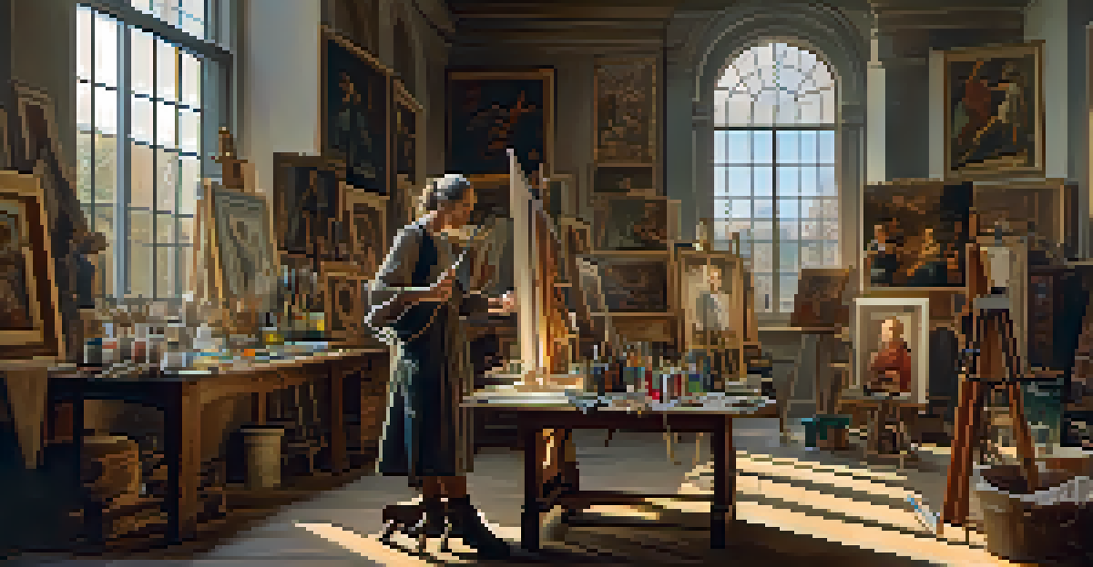 An artist in a Renaissance workshop, painting a portrait with warm natural light and surrounded by art supplies.