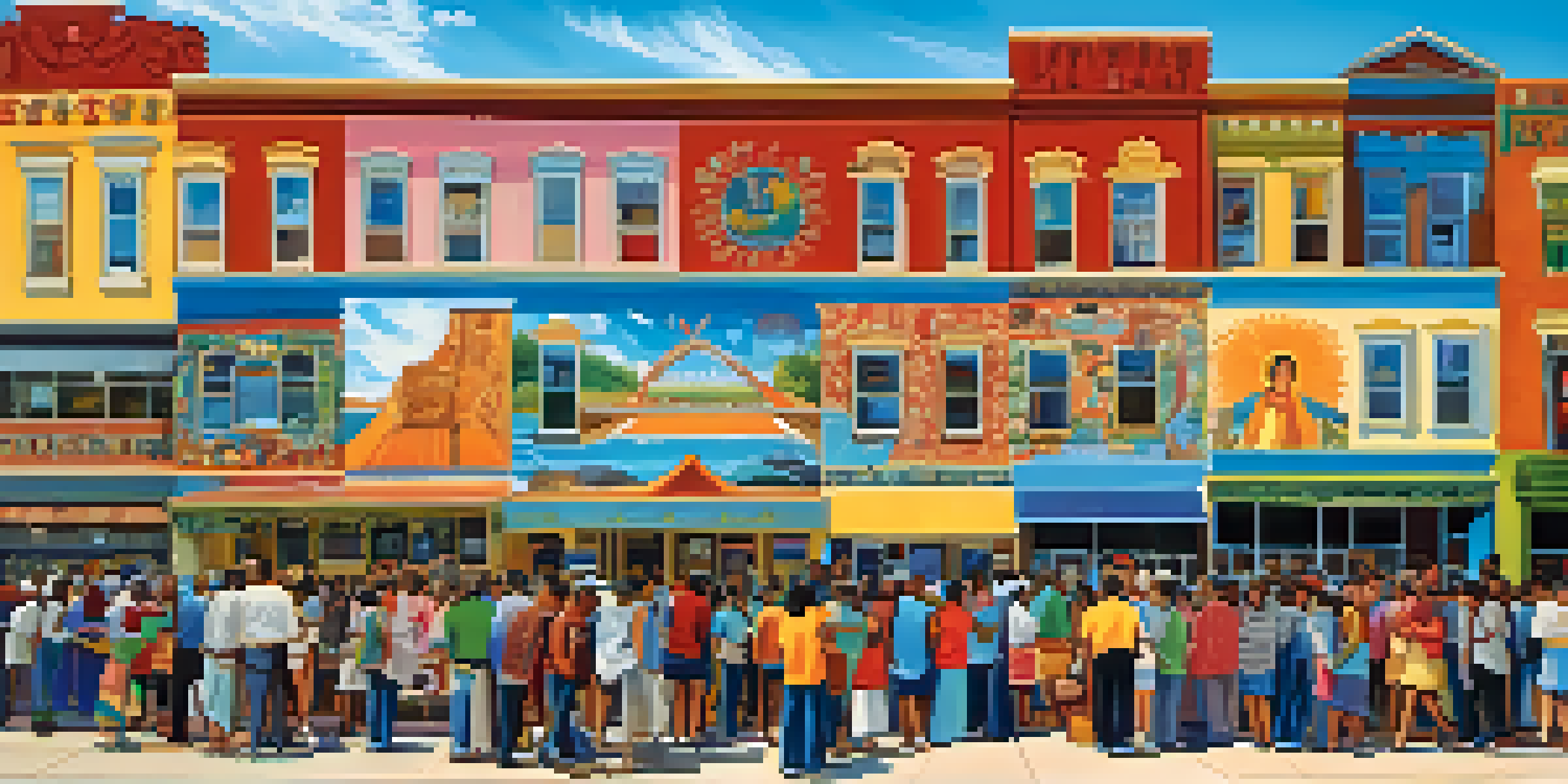 A colorful mural that represents local culture and diversity, with people appreciating the artwork underneath a bright sky.