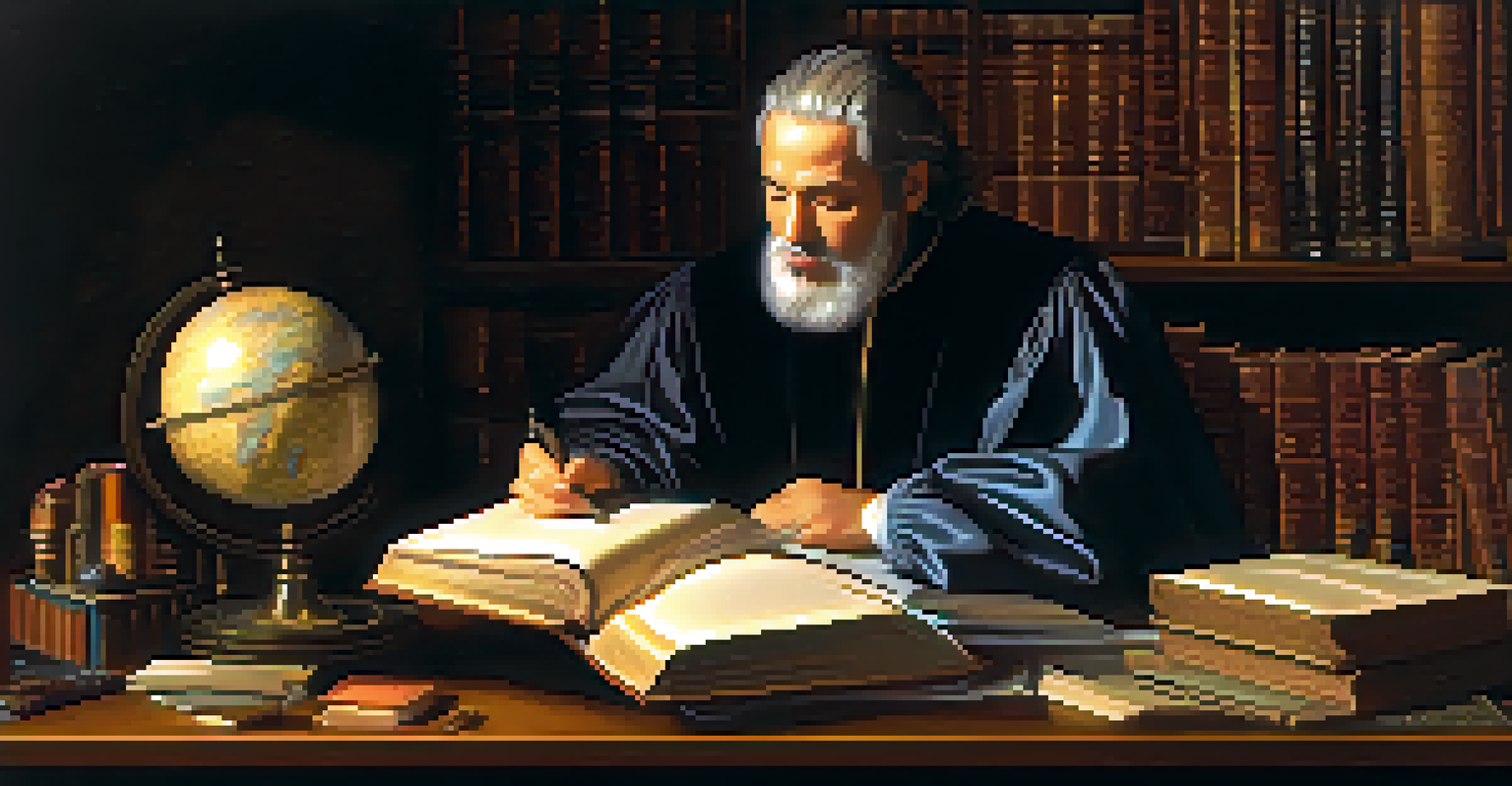 An oil painting of a Renaissance scholar in a study, illuminated by candlelight surrounded by books and a globe.