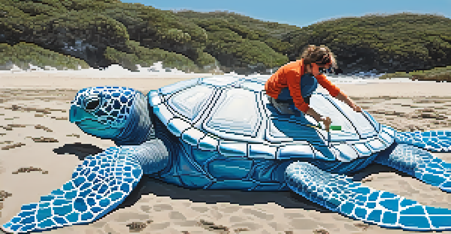 An artist constructing a large sea turtle sculpture from recycled materials on a beach, with waves in the background.