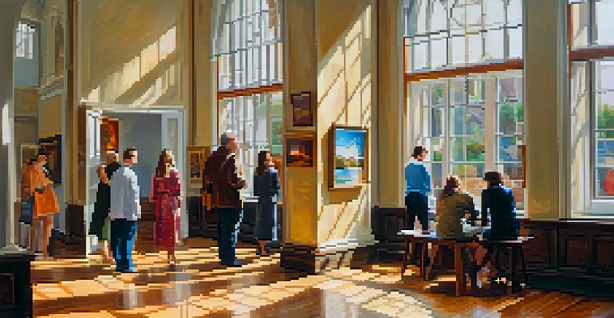 An art gallery with diverse paintings on display, sunlight illuminating the space and visitors admiring the art.