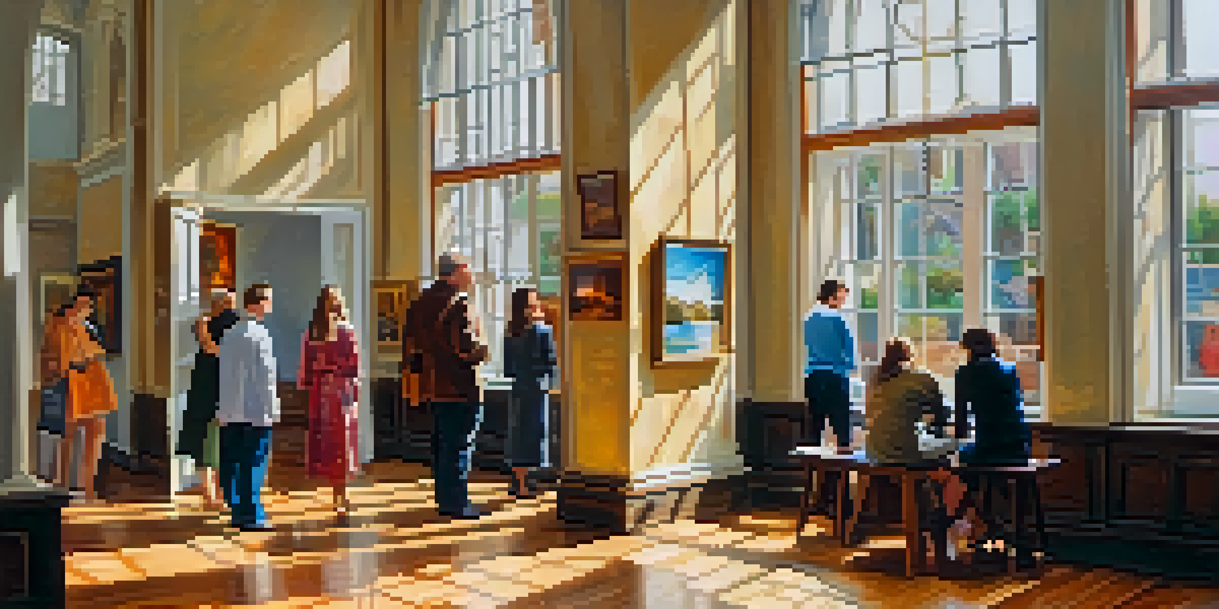 An art gallery with diverse paintings on display, sunlight illuminating the space and visitors admiring the art.