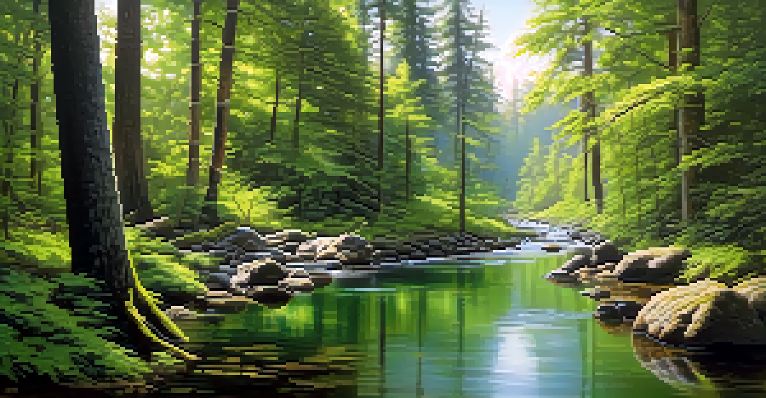 A peaceful forest with tall trees and a soft stream, dappled light filtering through the leaves.