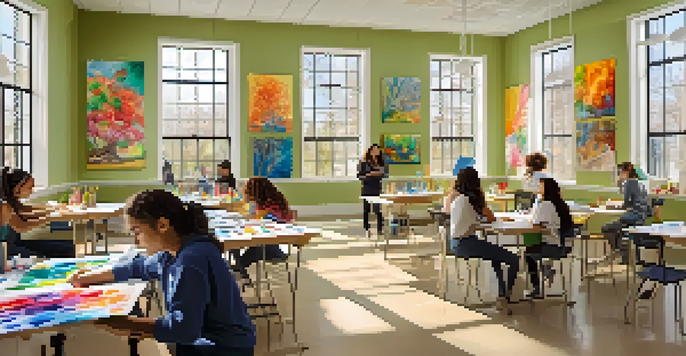A bright art therapy classroom with students painting, drawing, and sculpting, surrounded by colorful student artwork.
