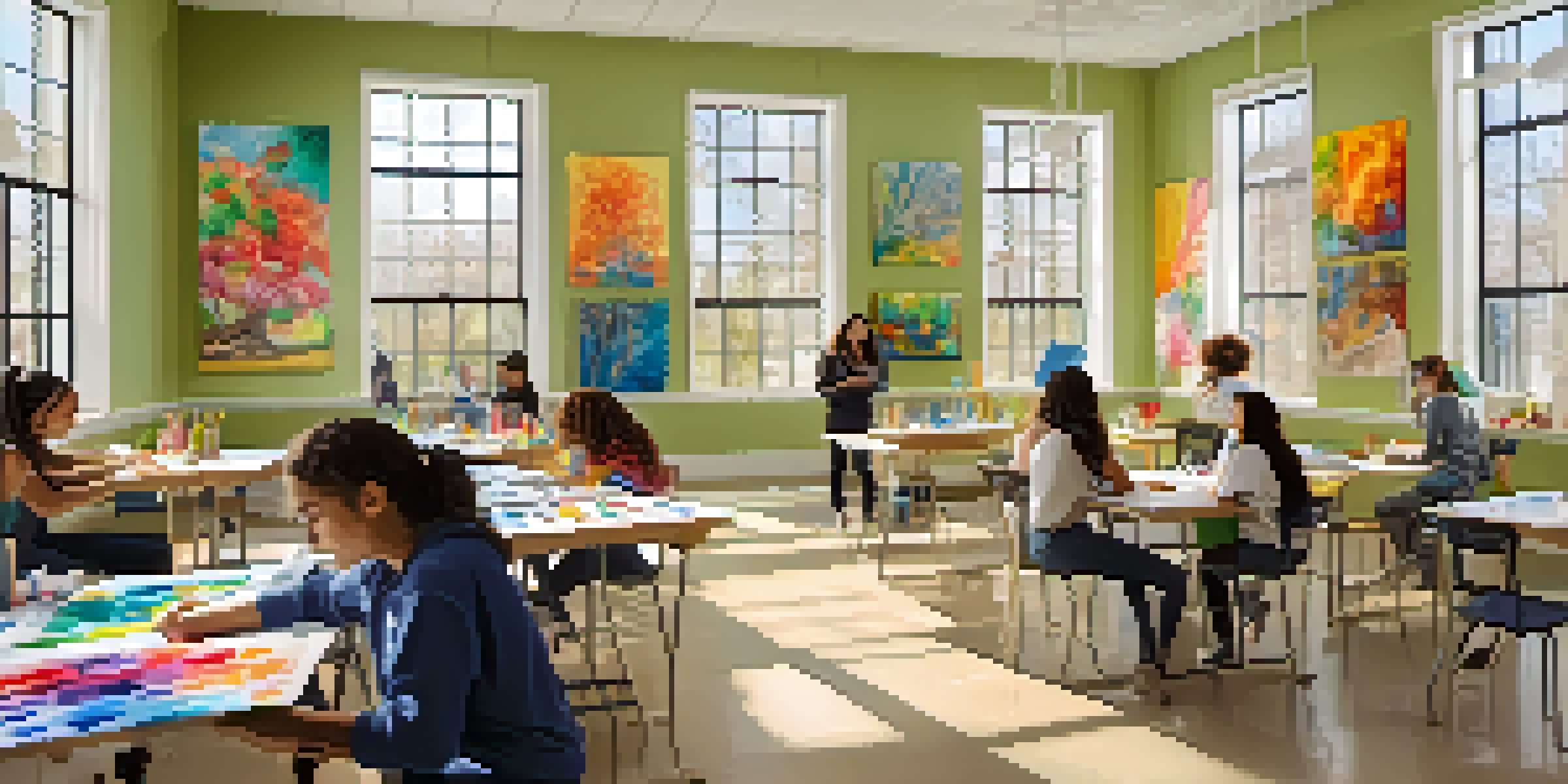 A bright art therapy classroom with students painting, drawing, and sculpting, surrounded by colorful student artwork.