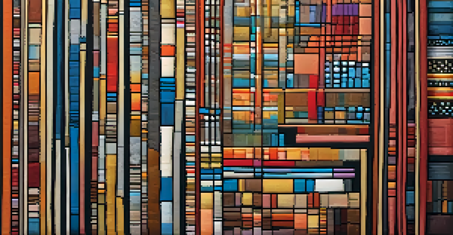 A close-up of a mixed media artwork combining traditional textile patterns with modern abstract elements, showcasing vibrant colors and textures.
