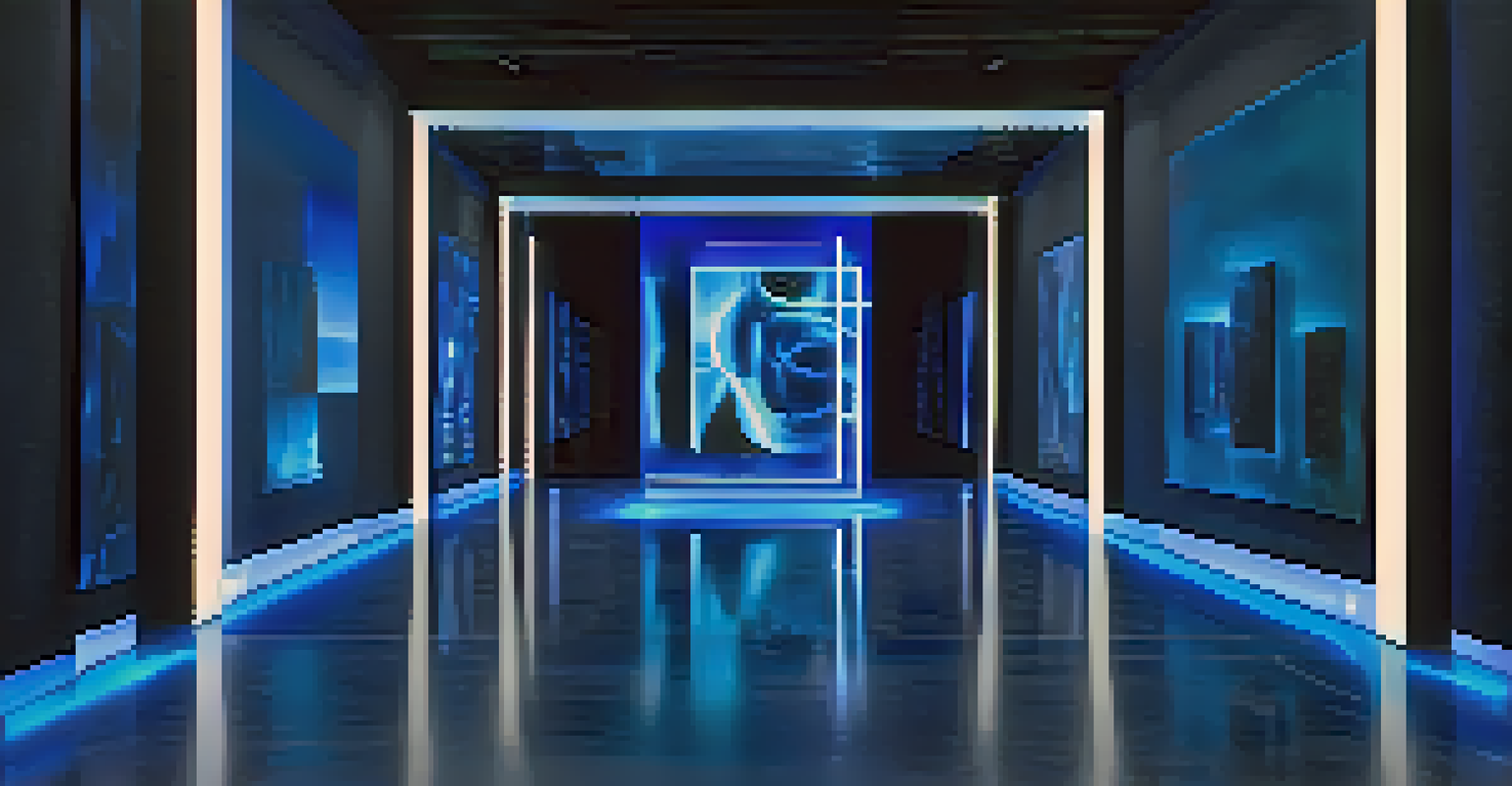 A digital art installation with shifting blue lights in a dark room, creating an immersive and tranquil atmosphere.