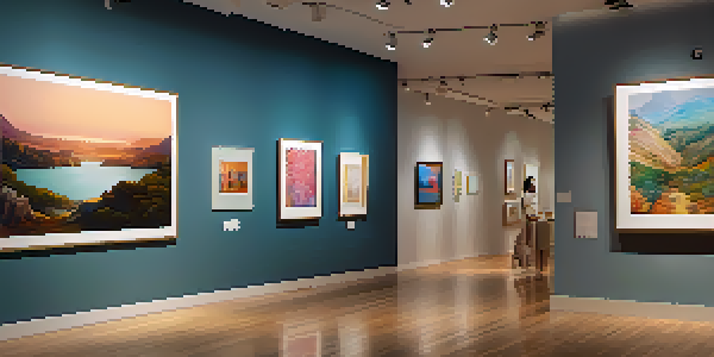 A digital art gallery filled with various artworks under soft ambient lighting, with visitors interacting with the pieces and natural light streaming in through a window.
