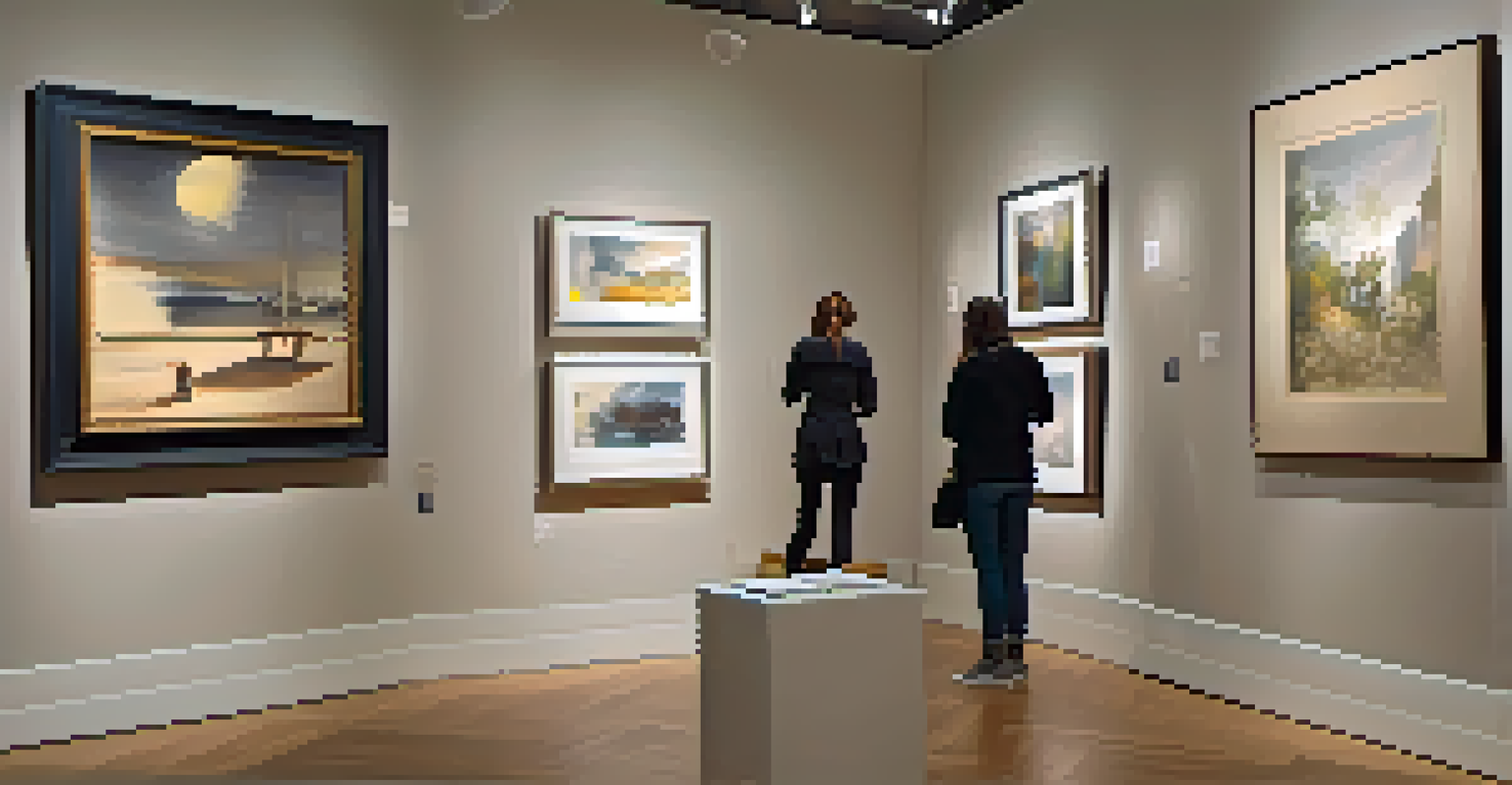 An art gallery with beautifully framed artworks on display, illuminated by soft lighting and visitors admiring the pieces.