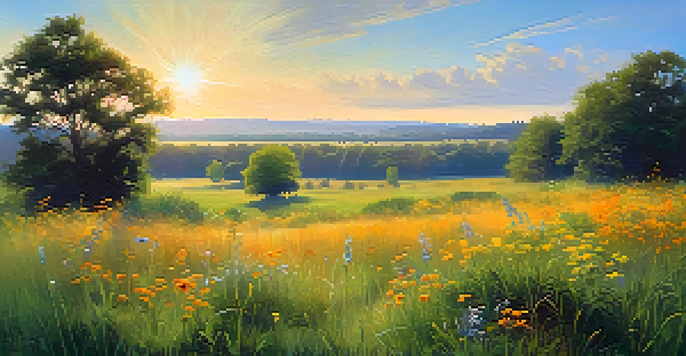 A peaceful meadow under a sunny sky, with warm colors in the foreground and cool colors in the background, showcasing a tranquil landscape.