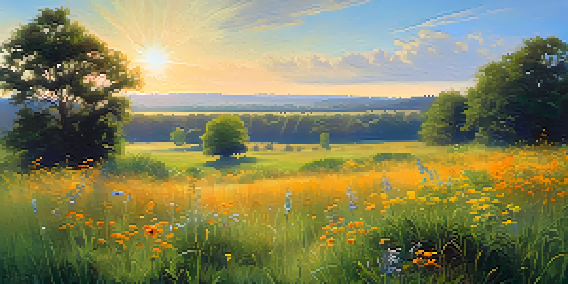 A peaceful meadow under a sunny sky, with warm colors in the foreground and cool colors in the background, showcasing a tranquil landscape.