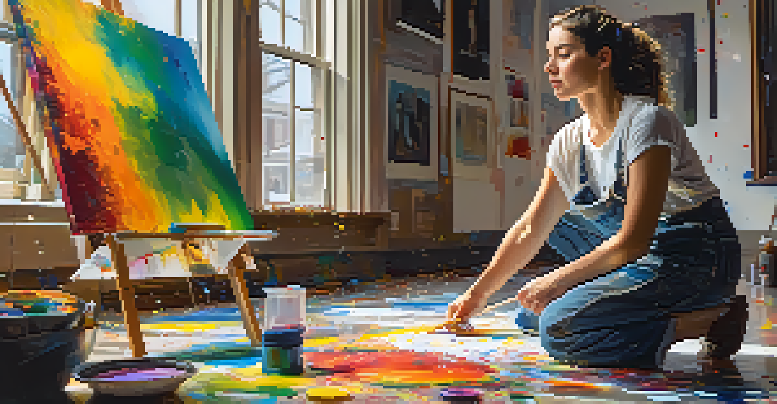An artist in their studio, painting on a large canvas with colorful paint splatters around, illuminated by natural light.