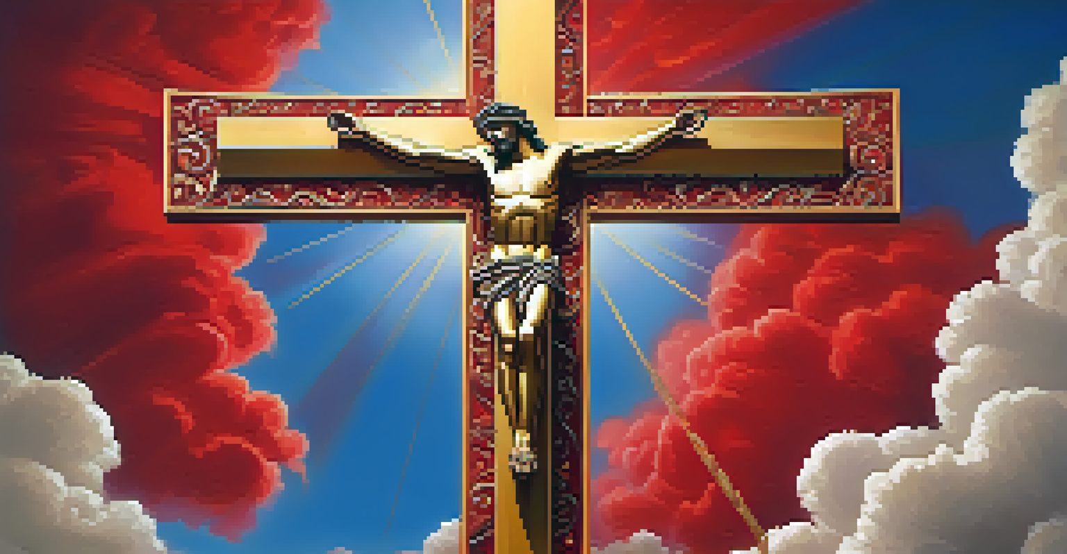 An artistic representation of a golden cross on a red background, symbolizing sacrifice, illuminated with a warm glow.