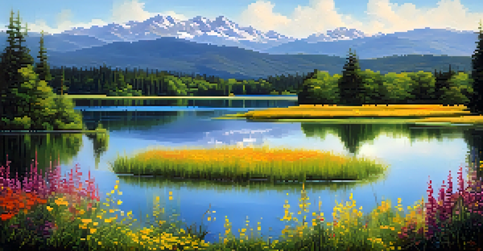 A peaceful lake scene with green forests, mountains, and colorful wildflowers under a blue sky.