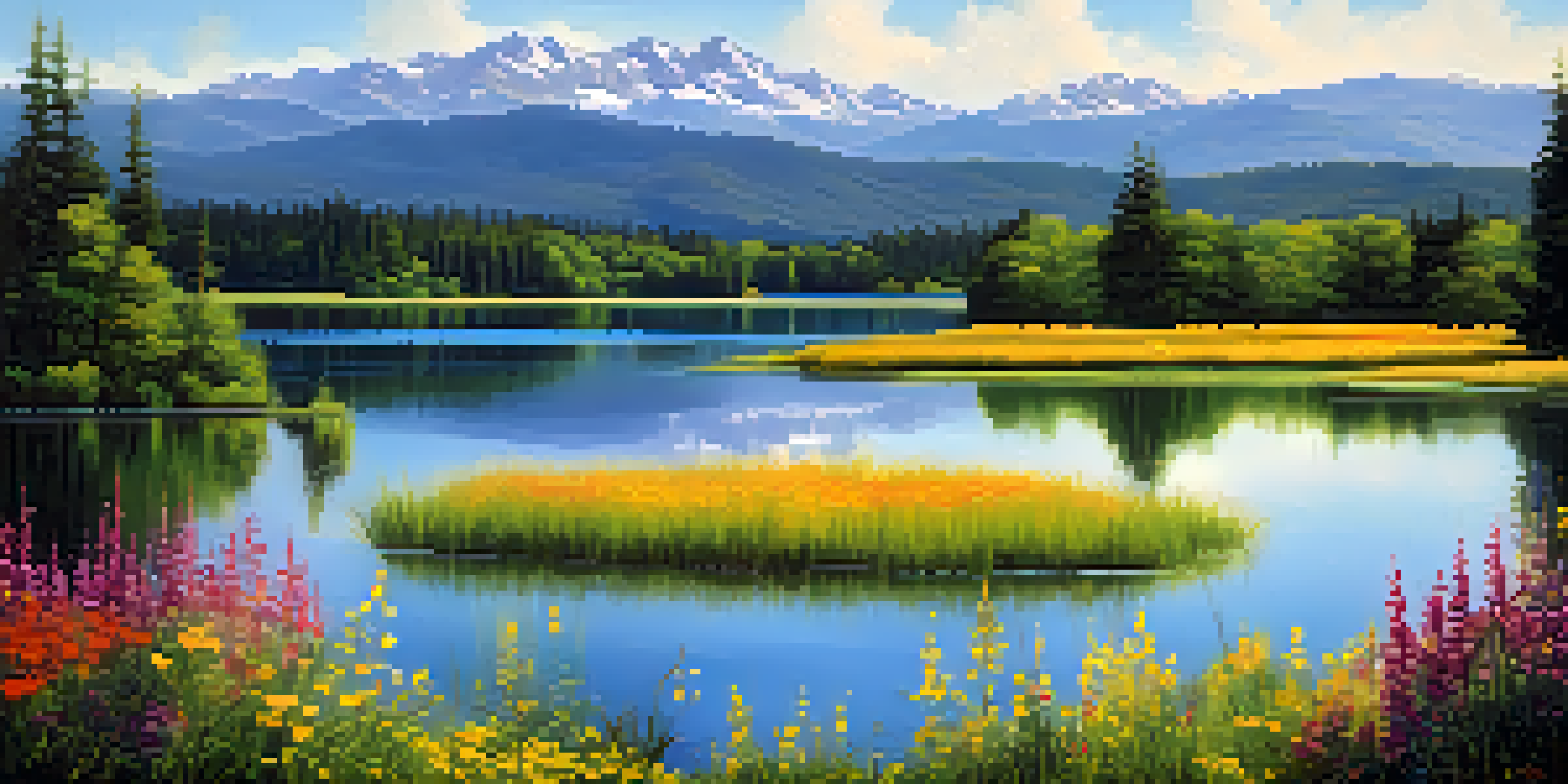A peaceful lake scene with green forests, mountains, and colorful wildflowers under a blue sky.