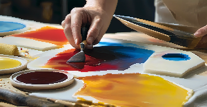 Close-up view of an encaustic painting being created, highlighting the colorful wax layers and textures.