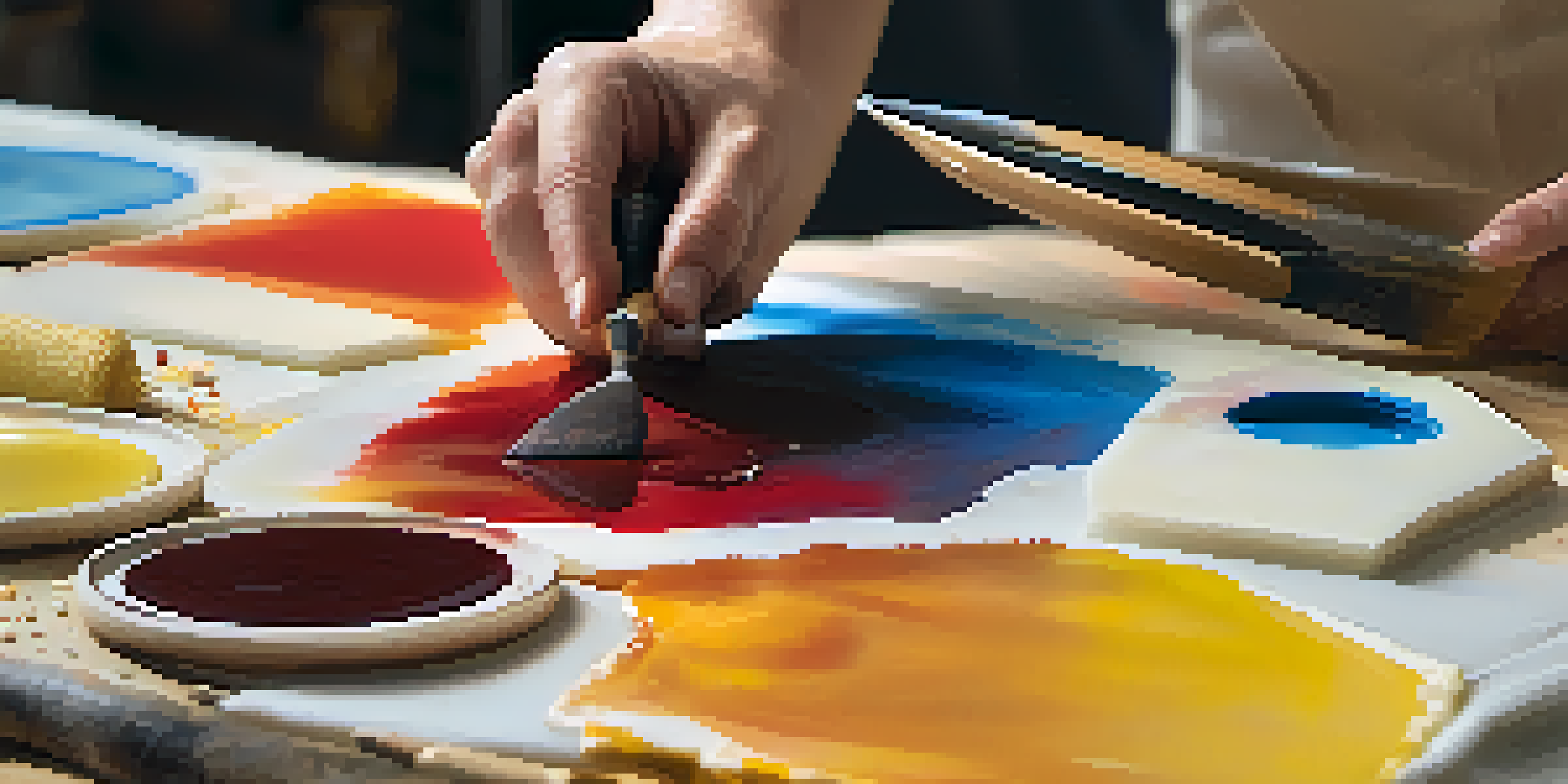 Close-up view of an encaustic painting being created, highlighting the colorful wax layers and textures.