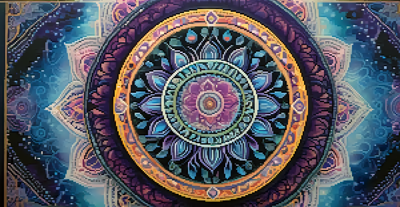 A colorful mandala surrounded by vibrant patterns, symbolizing interconnectedness and spirituality.