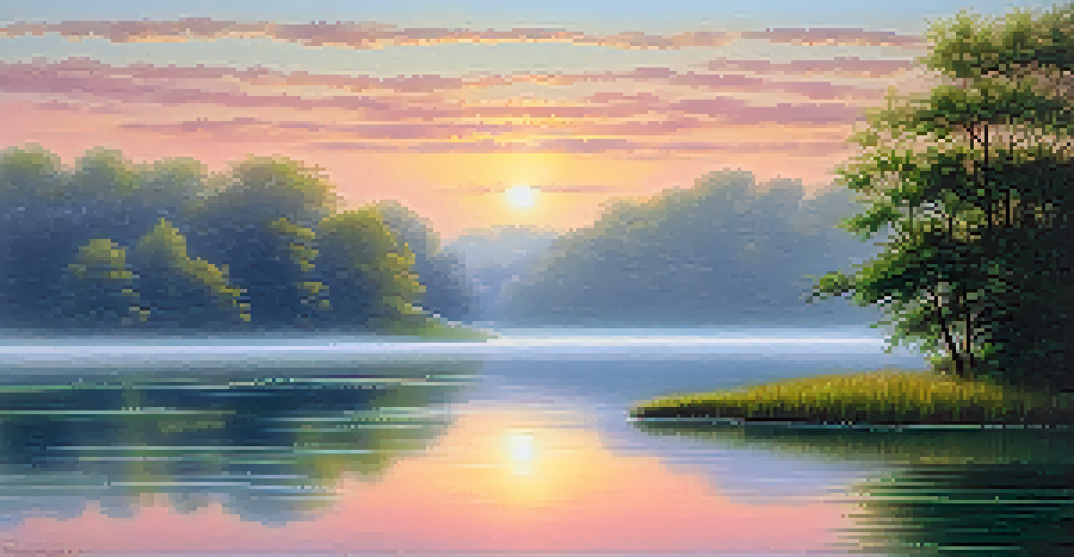 A tranquil lake at dawn surrounded by greenery, reflecting soft pastel colors in the sky.