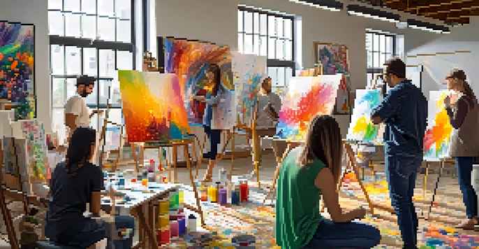 A group of diverse artists working together in a bright workshop, sharing ideas and painting on a large canvas.