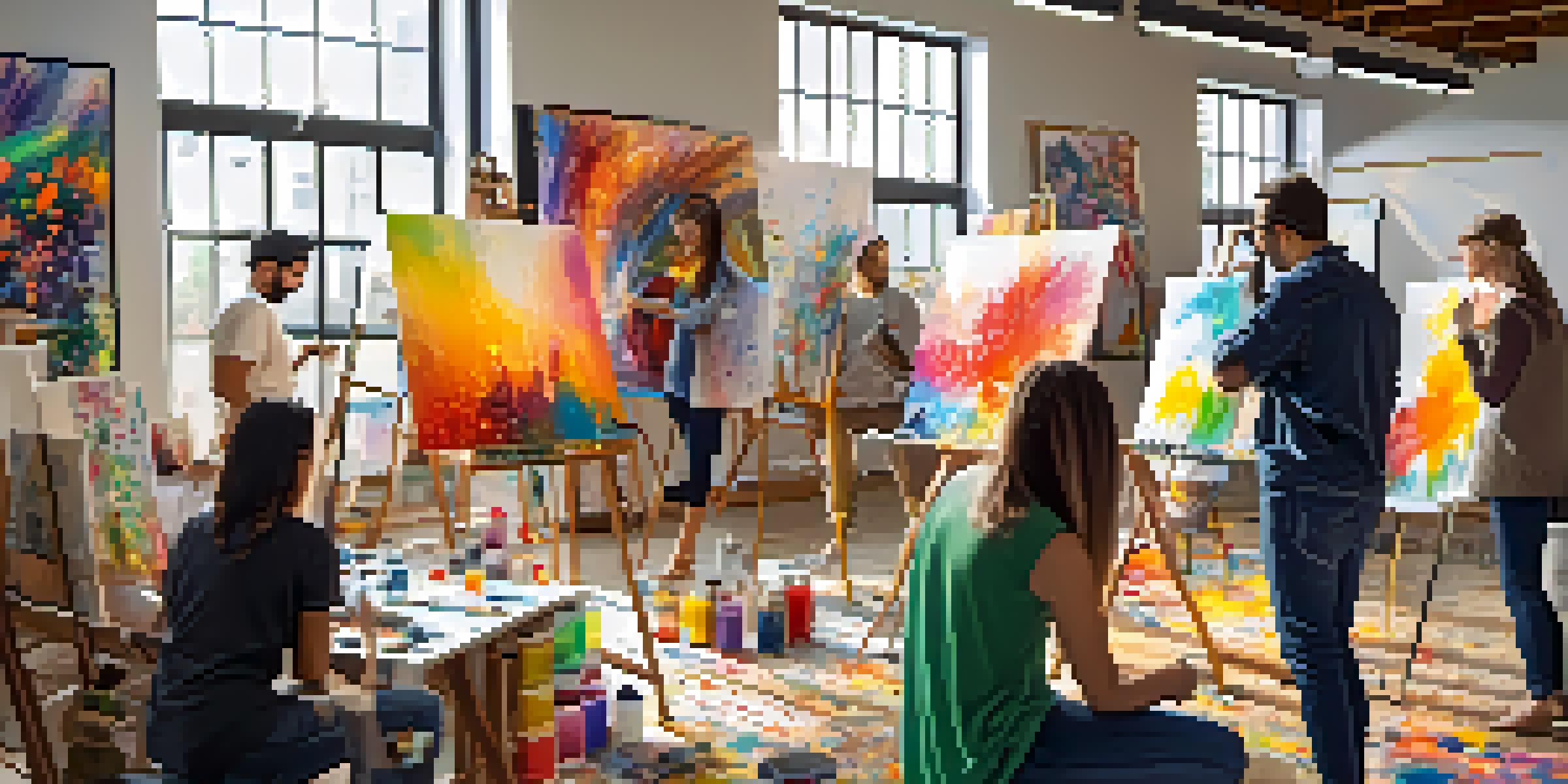 A group of diverse artists working together in a bright workshop, sharing ideas and painting on a large canvas.