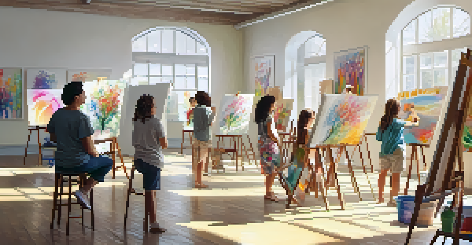 An artist teaching a community art class in a bright studio, with participants painting on easels surrounded by colorful artworks.