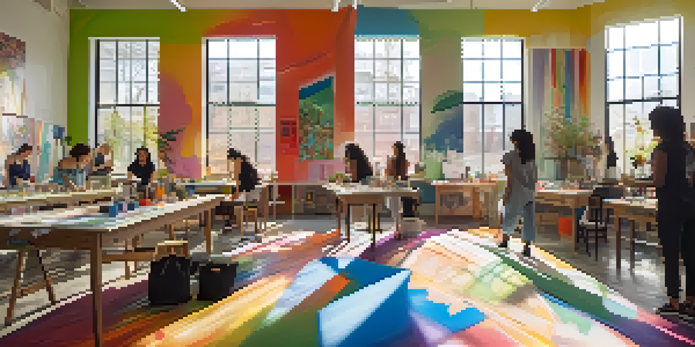 A lively art studio with women artists working together on a colorful mural, showcasing their diverse styles.