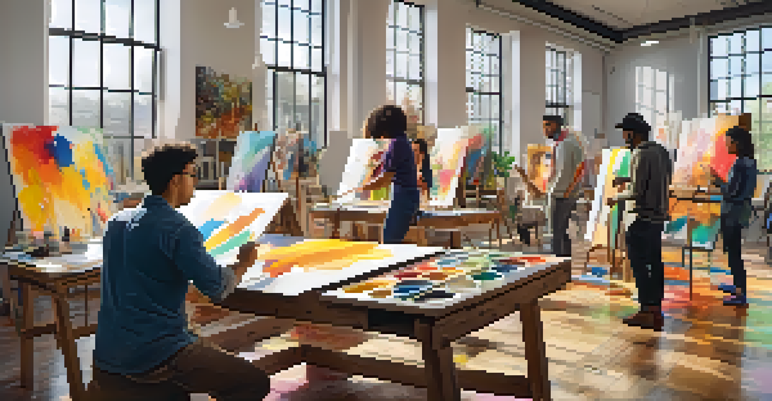 A vibrant art studio filled with artists collaborating on a large canvas, illuminated by natural light.