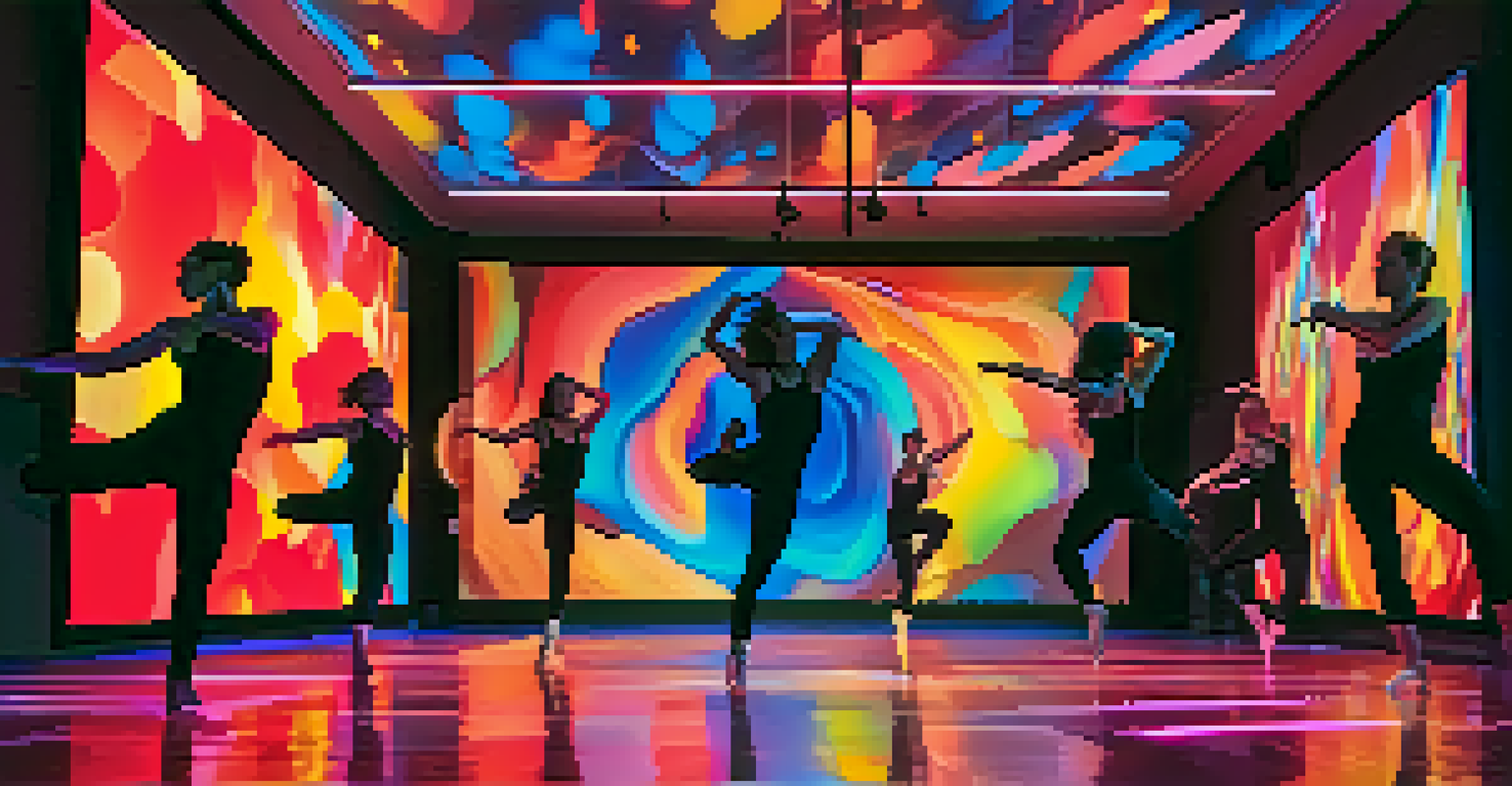 Dancers performing in a modern space with projected digital paintings that change with their movements, highlighting the fusion of dance and technology.