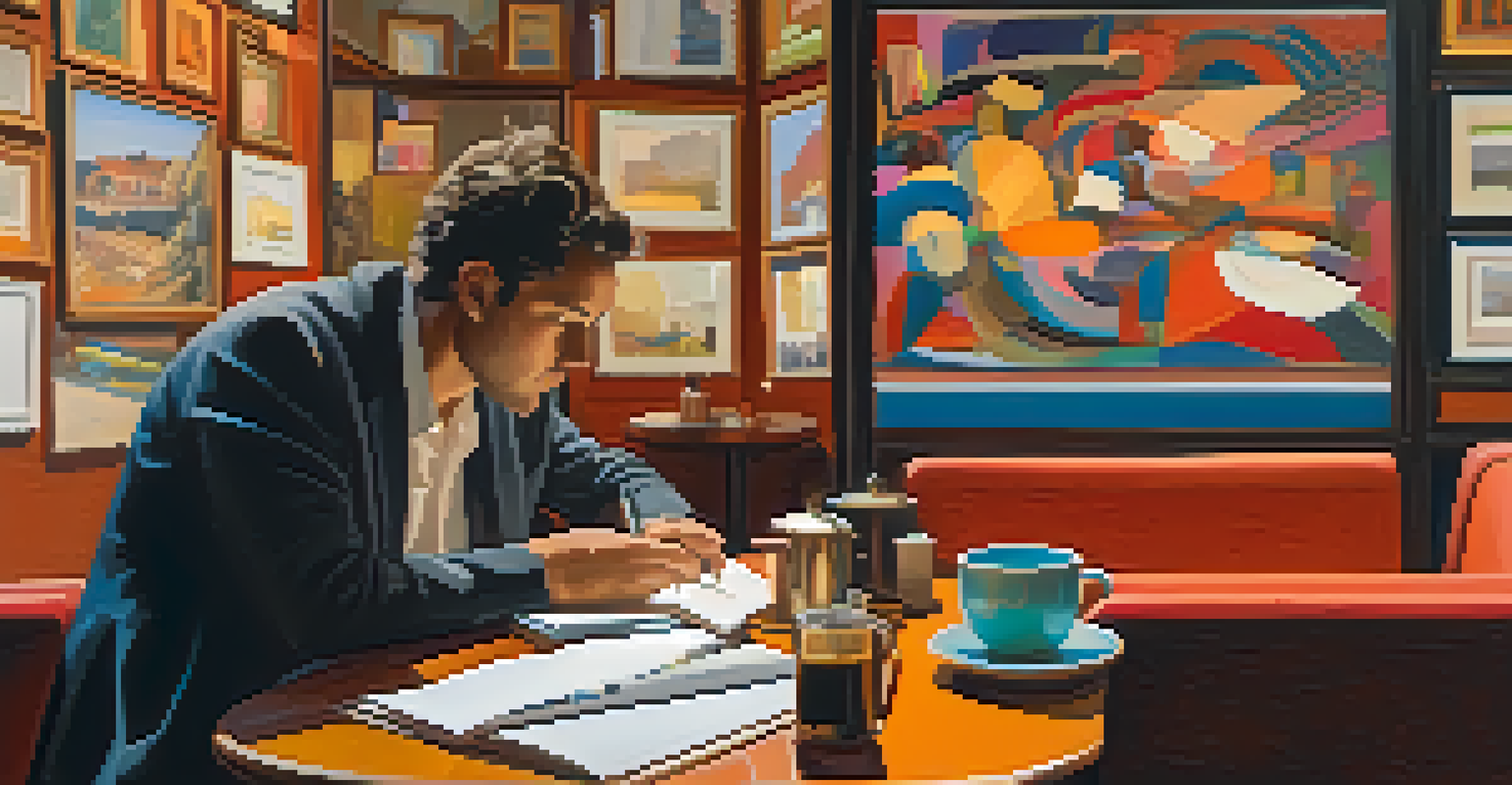 A critic in a café examining a painting, surrounded by art books and taking notes.