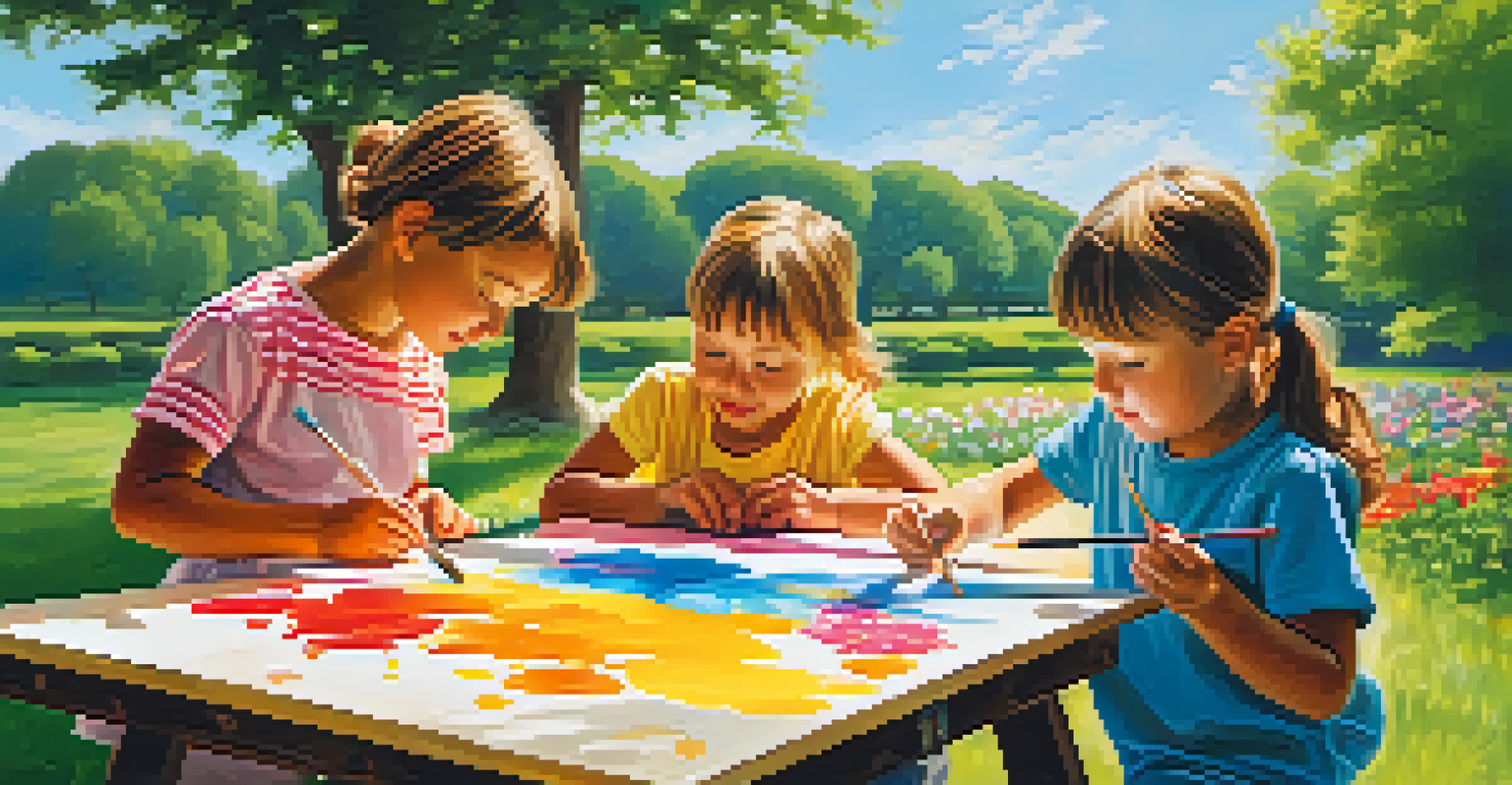 Children painting outdoors in a park, each engaged in their own creative project.