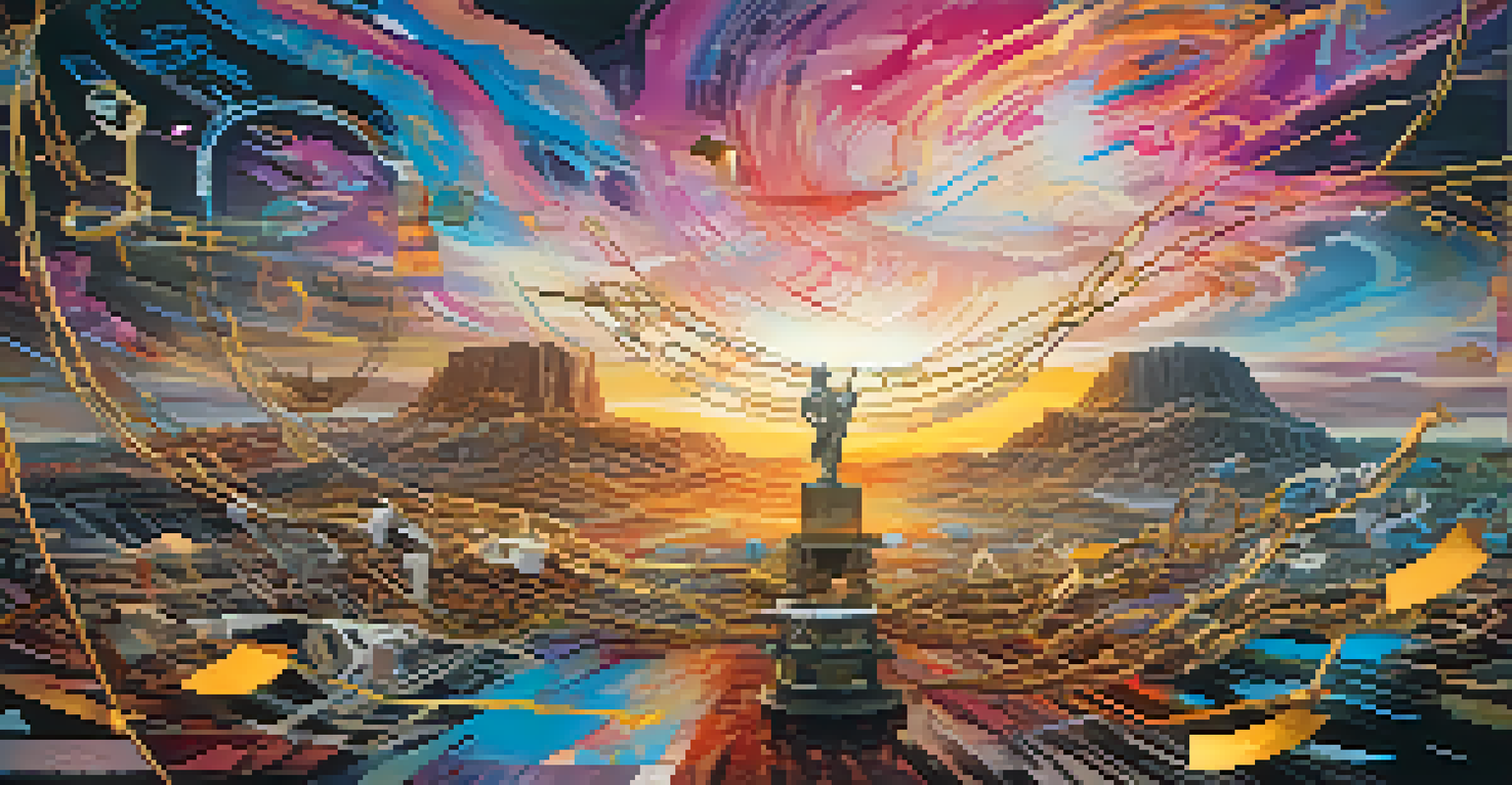 A digital artwork illustrating symbols of resistance in a colorful virtual landscape.