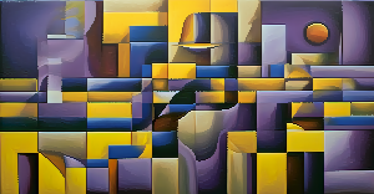 An abstract artwork illustrating the intertwining of different time periods through fragmented shapes and varied colors, showcasing depth and texture.