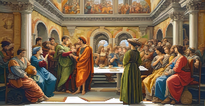 A colorful fresco mural showing Renaissance figures in discussion, with detailed expressions and classical architecture in the background.