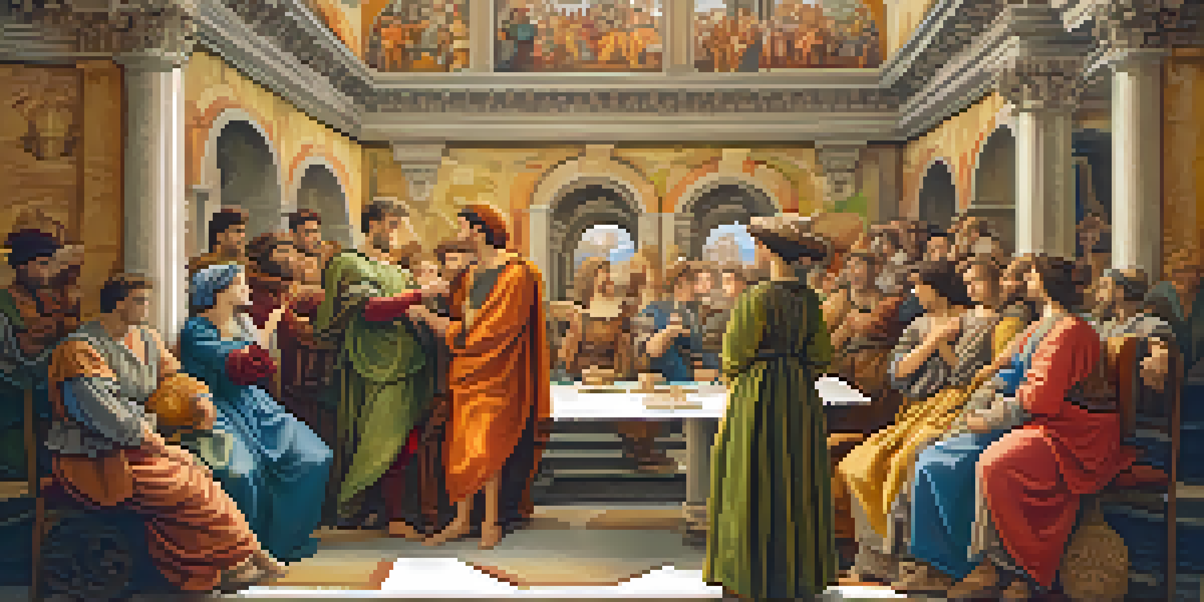 A colorful fresco mural showing Renaissance figures in discussion, with detailed expressions and classical architecture in the background.