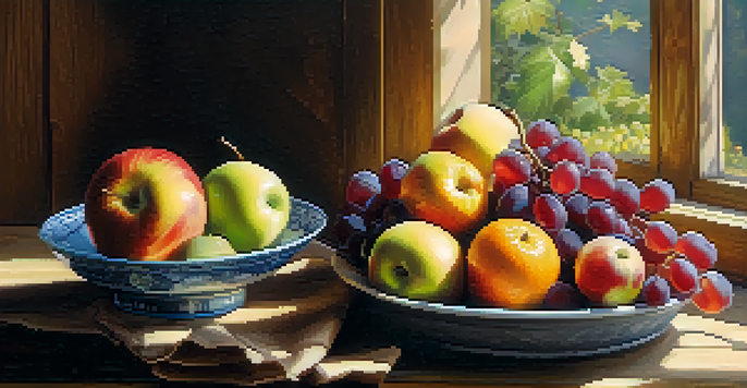 A colorful bowl of fruits, including apples, oranges, and grapes, on a wooden table with soft natural lighting.