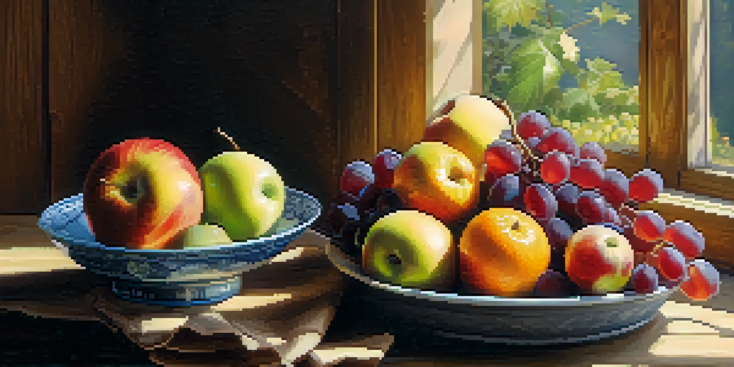 A colorful bowl of fruits, including apples, oranges, and grapes, on a wooden table with soft natural lighting.