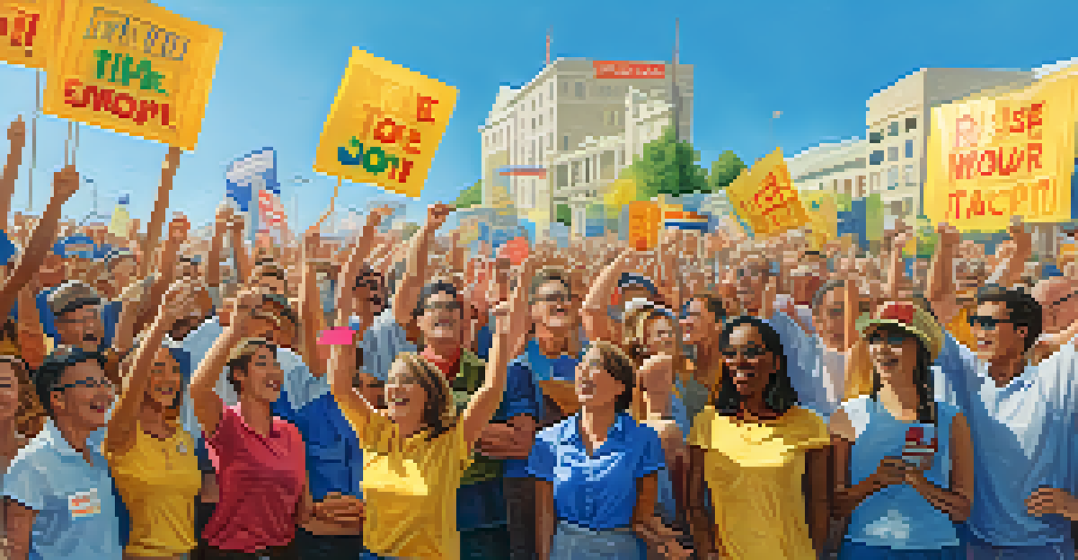 A vibrant political campaign rally scene with diverse people holding colorful signs, under warm sunlight, creating an atmosphere of hope and unity.